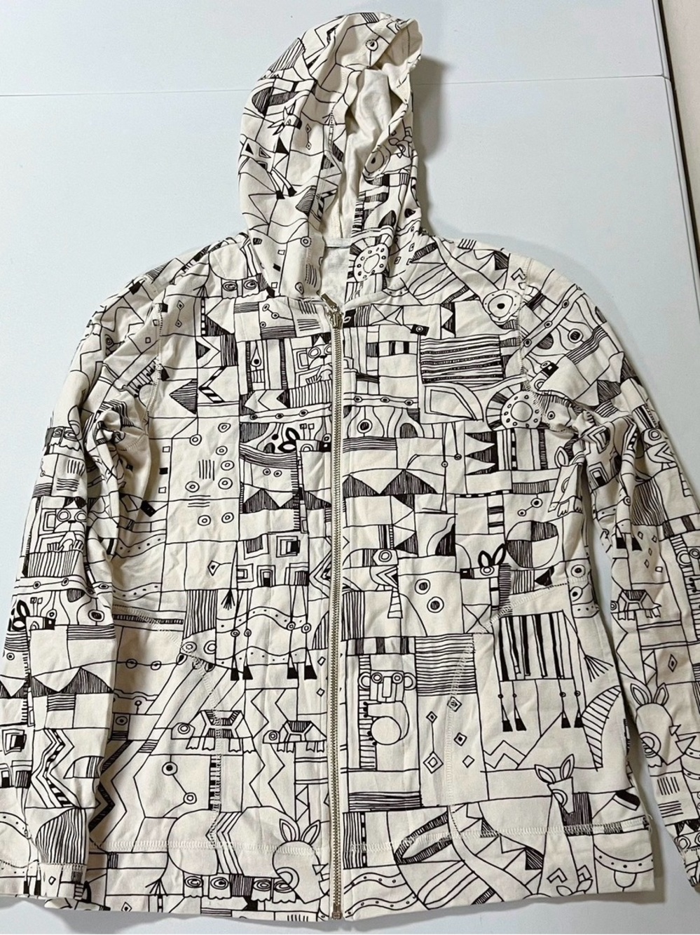 White Black Abstract Art Deco Graphic Zipper Sweater Sweatshirt Hoodie Size M 🖤